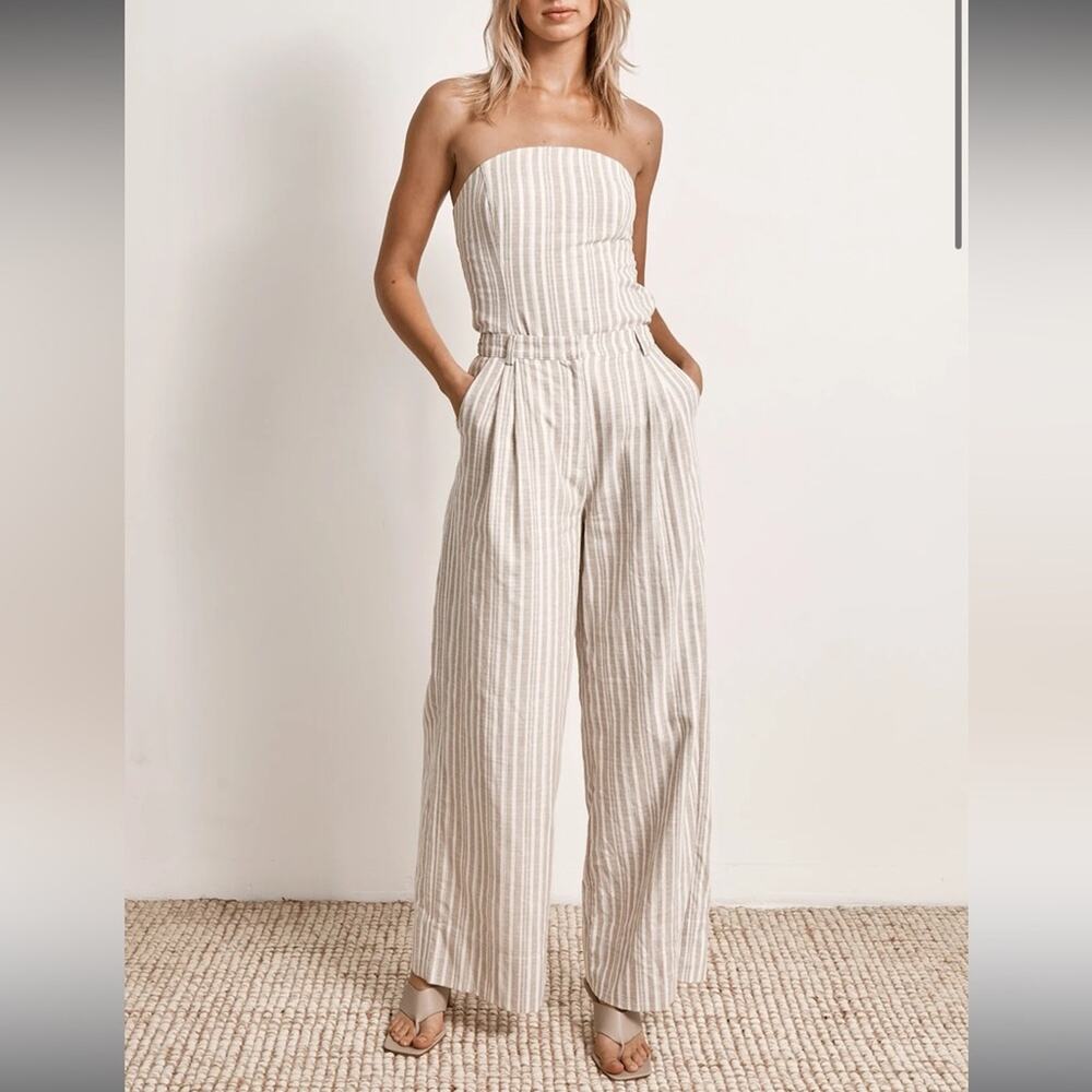 mon renn illusion white & tan stripe wide leg linen trouser pants size small NEW
